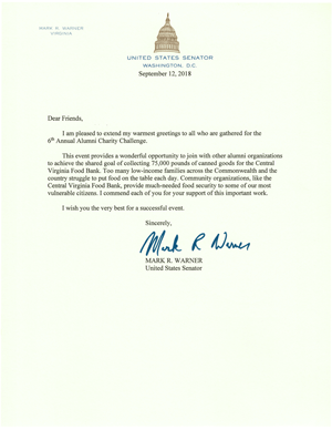 U.S. Senator Mark Warners greeting letter